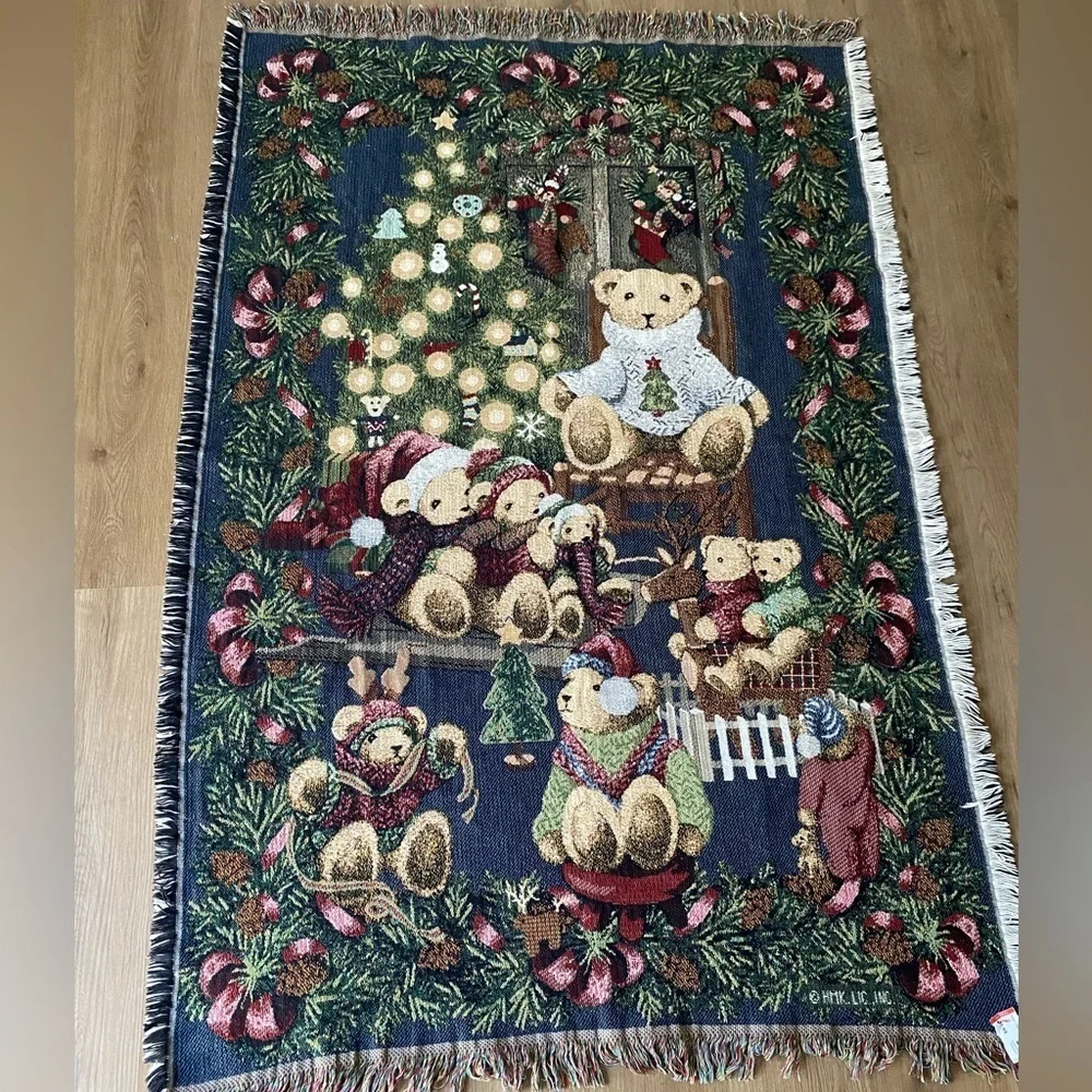 Vintage Goodwin Weavers Christmas Tree Teddy Bear Throw Woven Blanket Tapestry